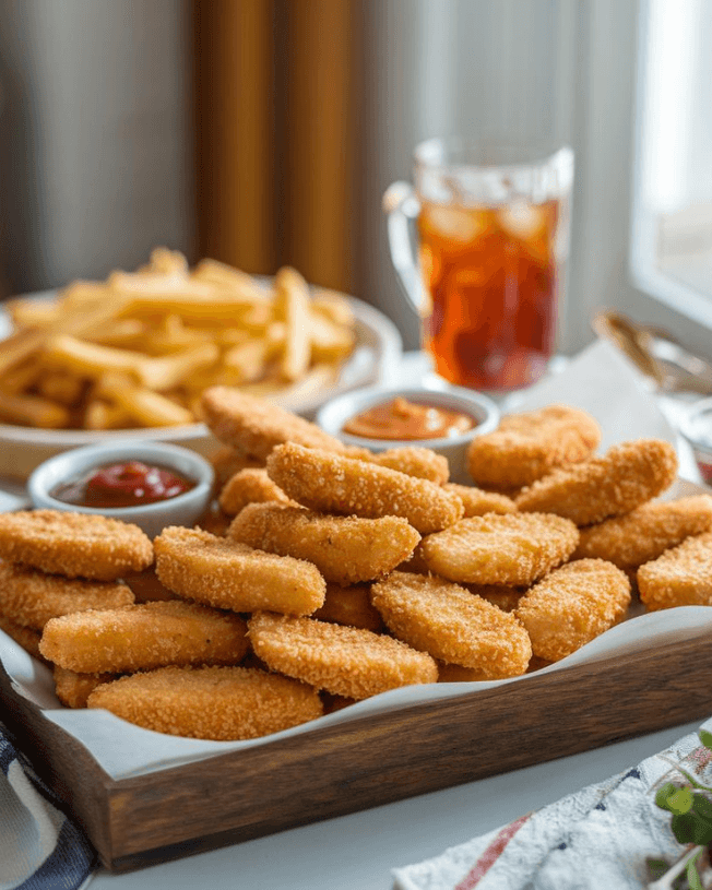 Golden crispy Costco chicken nuggets served with dipping sauces on a wooden platter.