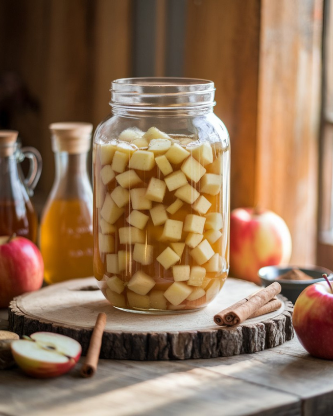 A cozy kitchen with a rustic wooden table displaying a jar of homemade fermented apple cider, apple pieces, and ingredients like honey and cinnamon sticks.