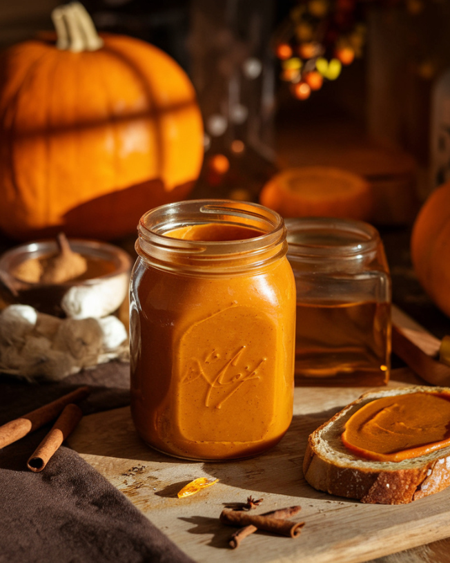 A jar of smooth, orange fermented pumpkin butter with cinnamon sticks and a small pumpkin nearby.