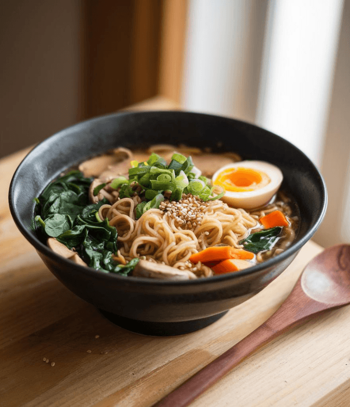 Delicious gluten-free ramen topped with vegetables and a soft-boiled egg