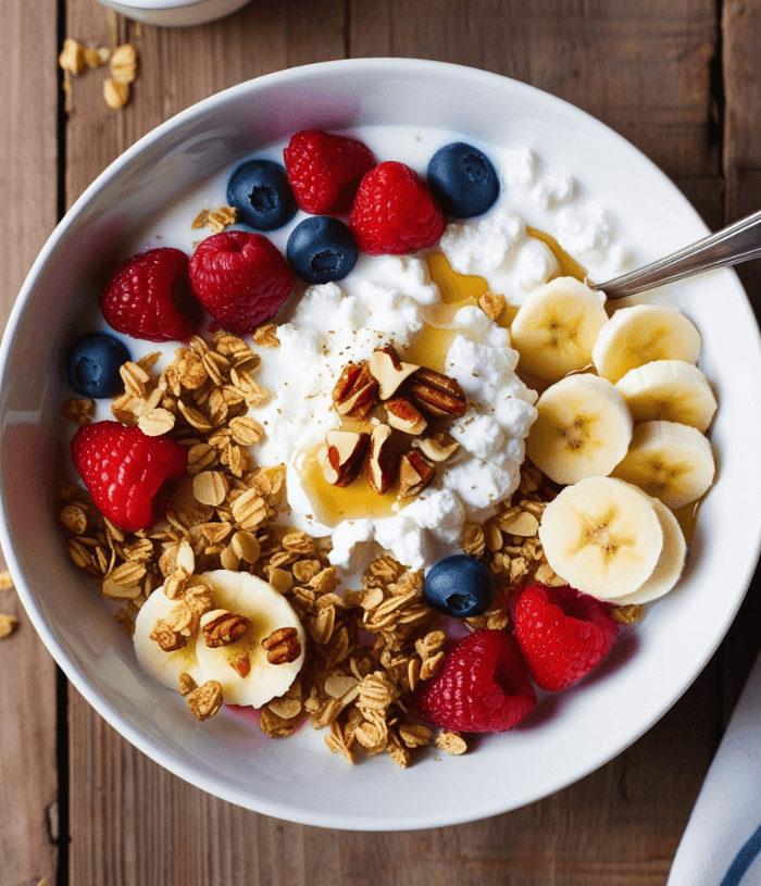 Kefir with cottage cheese and granola topped with fresh fruit