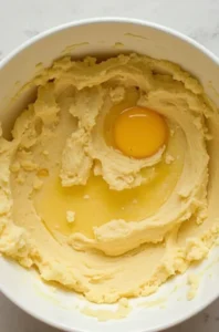 A bowl of creamed butter and sugar with a cracked raw egg, ready to mix for banana bread chocolate chip cookies.