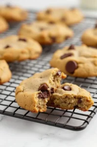 Freshly baked banana bread chocolate chip cookies cooling on a wire rack.