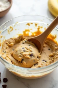 Folding chocolate chips into the dough for banana bread chocolate chip cookies using a spatula