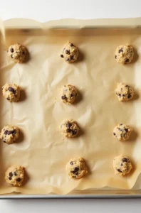 Scooping dough onto a baking sheet for banana bread chocolate chip cookies, ready to bake.