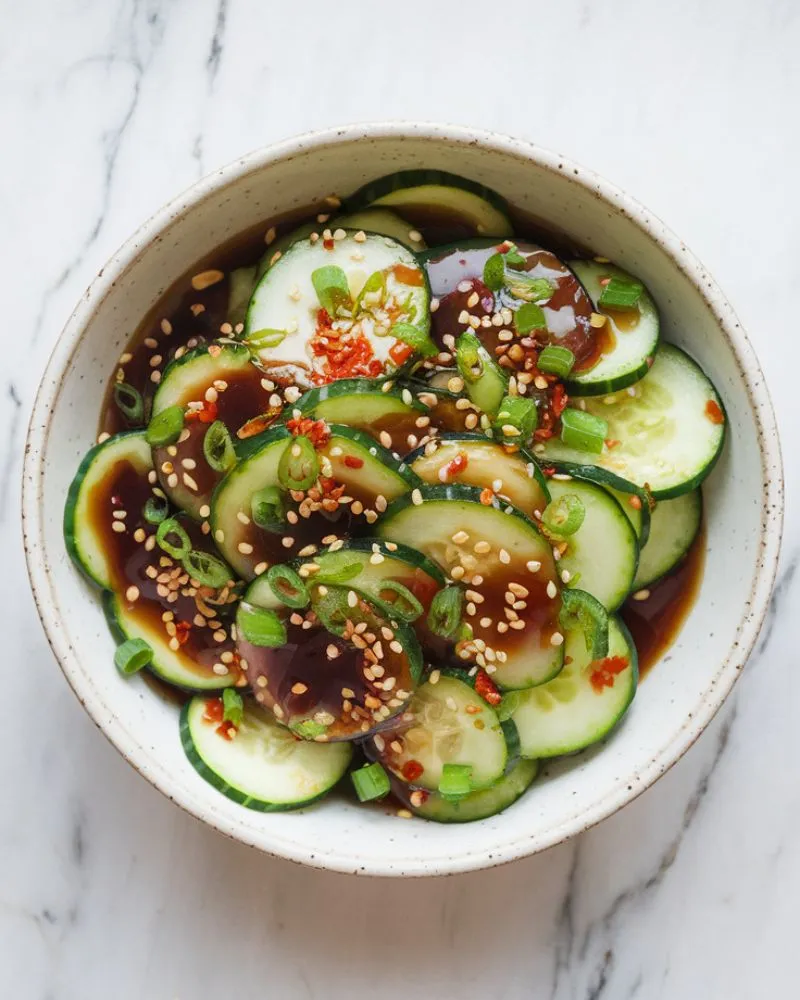 A freshly assembled cucumber salad with dressing, garnished with sesame seeds and chopped green onions, in a white ceramic bowl on a marble countertop.
