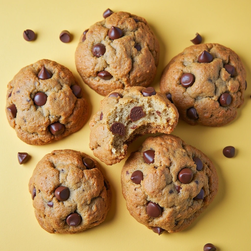 Chocolate chip cookies on yellow background, one with a bite showing soft interior. Show more info.