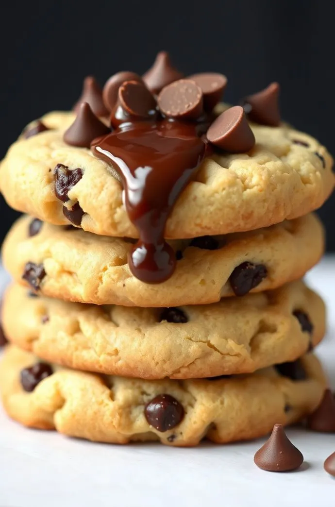 Stack of four banana bread chocolate chip cookies with chocolate pieces and drizzled melted chocolate. Show more info.