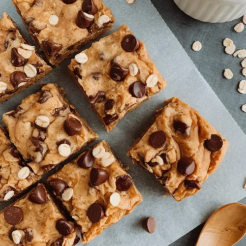 oatmeal chocolate chip bar on parchment, bowl of oats and spoon nearby.