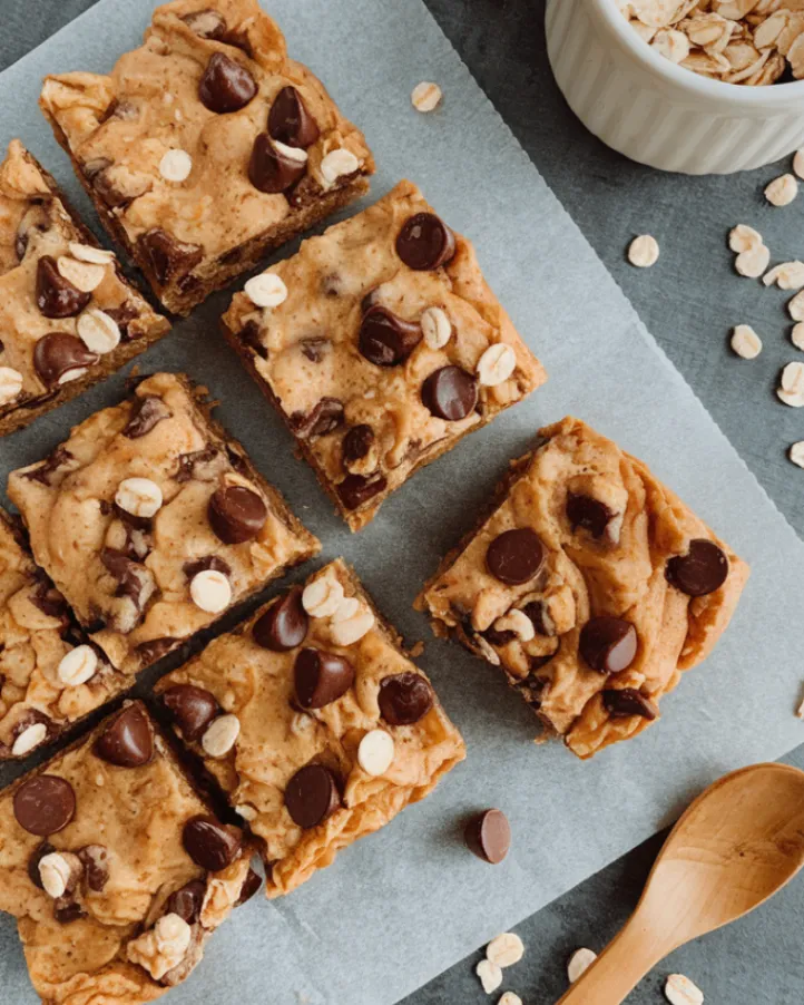 oatmeal chocolate chip bar on parchment, bowl of oats and spoon nearby.