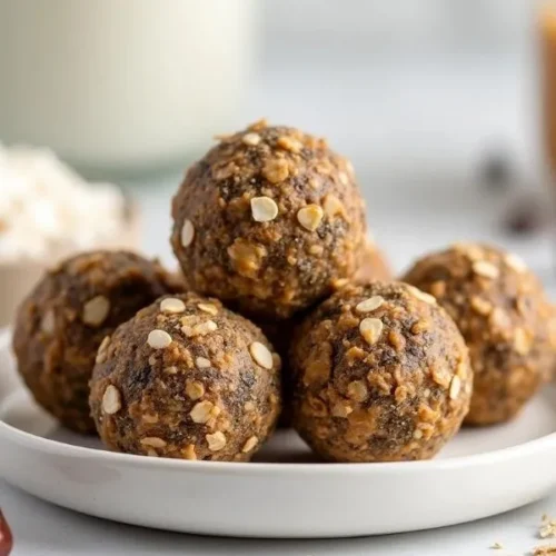 Fiber balls with oats, flaxseeds, chia seeds, and shredded coconut on a marble countertop.