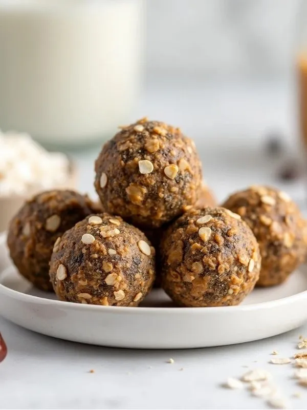 Fiber balls with oats, flaxseeds, chia seeds, and shredded coconut on a marble countertop.