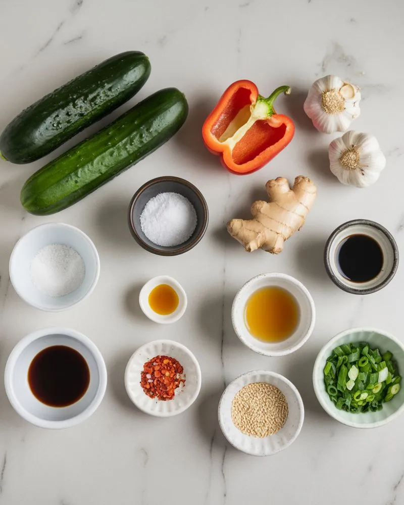 Fresh cucumbers, red bell pepper, minced garlic, grated ginger, and seasonings arranged on a white marble countertop