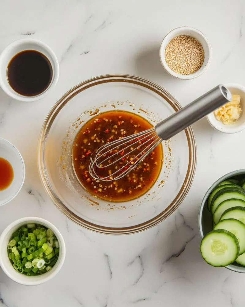 A glass mixing bowl with a whisk, blending a flavorful dressing on a white marble countertop.