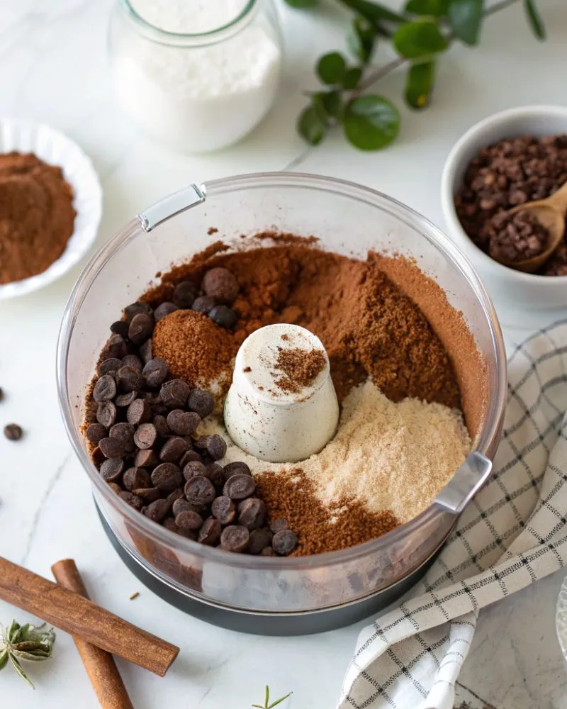 A food processor on a marble countertop with cocoa powder, cinnamon, vanilla extract, and dark chocolate chips added to the blended mixture.