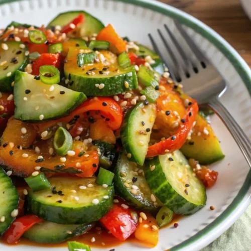 A colorful viral cucumber salad with red bell peppers, sesame seeds, and a flavorful dressing on a white plate with a green rim