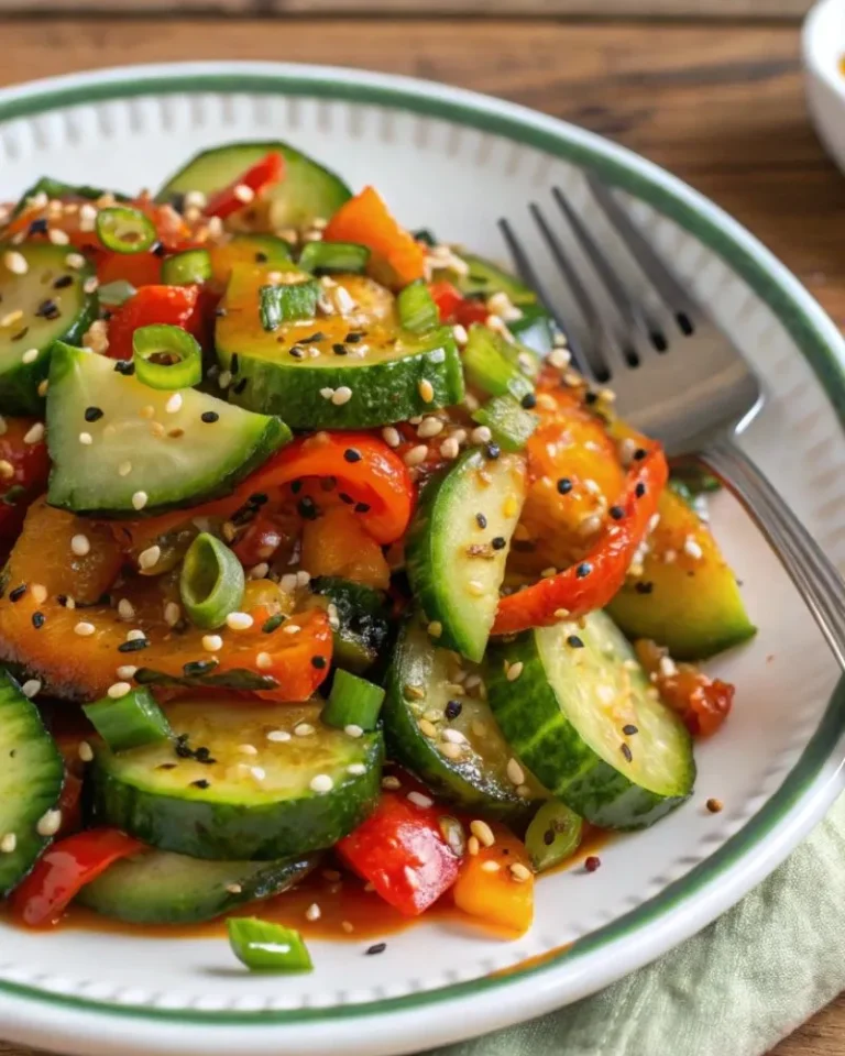 A colorful viral cucumber salad with red bell peppers, sesame seeds, and a flavorful dressing on a white plate with a green rim