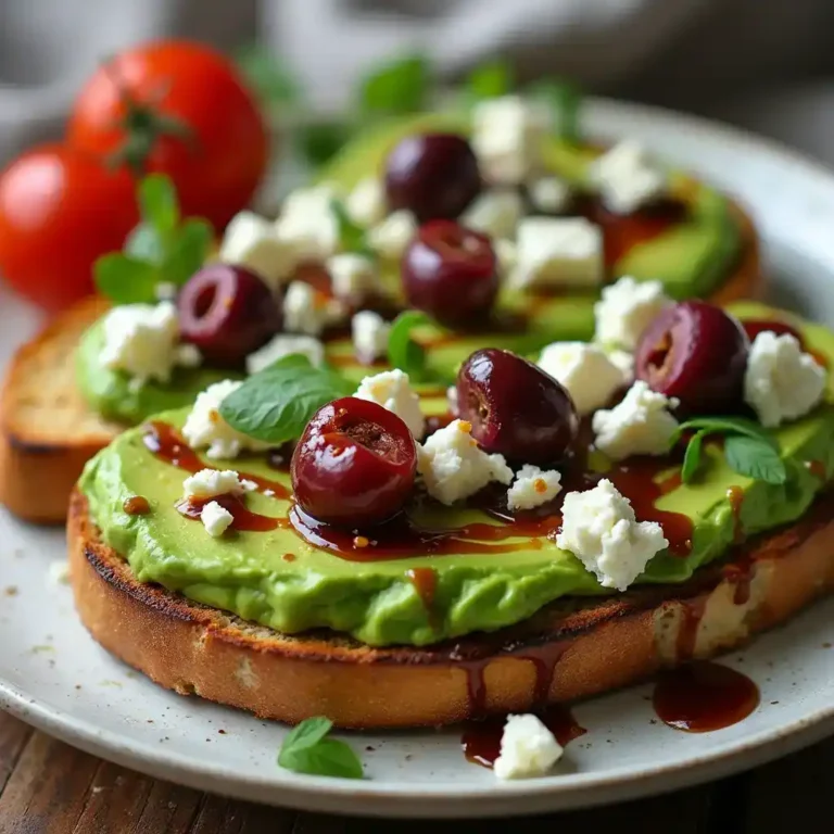 Toasted bread with avocado, cherries, cheese, herbs, and balsamic glaze on a white plate.