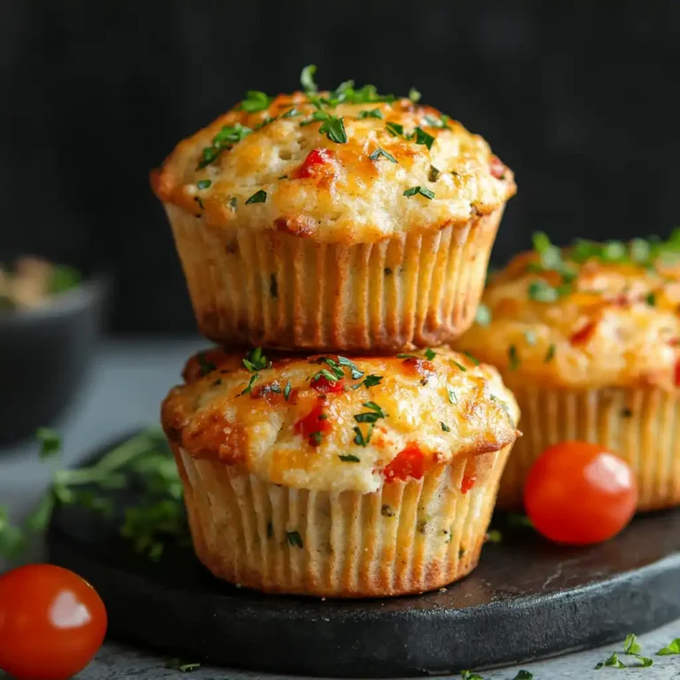 Two savory cottage cheese mini muffins stacked, garnished with herbs, on slate with red tomatoes nearby.