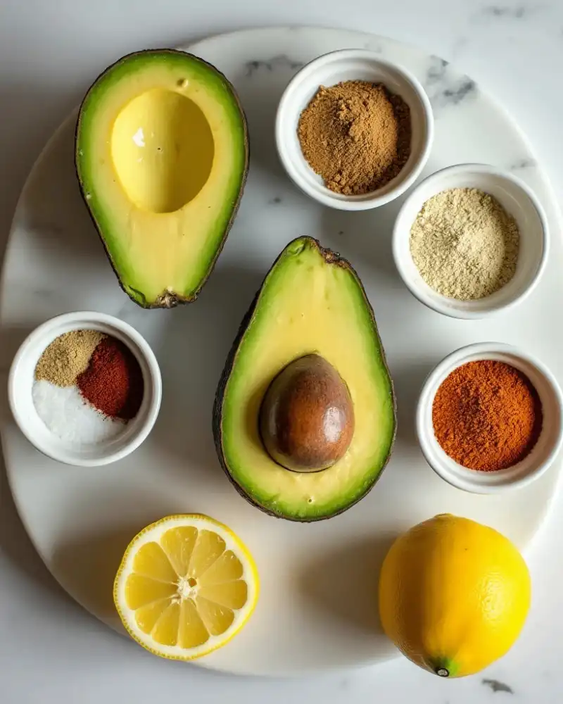 Fresh avocado toast seasoning ingredients displayed on a rustic wooden surface.