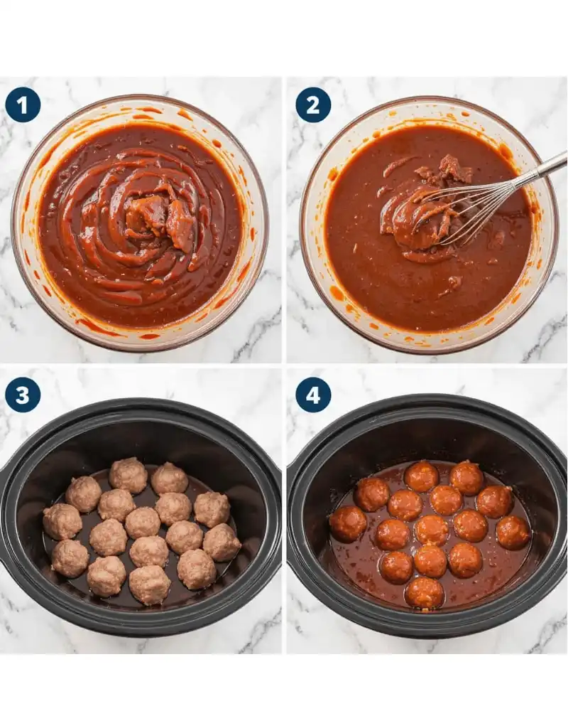 Four-photo collage for BBQ meatballs in crockpot top left shows a bowl of barbecue sauce, top right shows sauce being whisked, bottom left shows frozen meatballs in a slow cooker, and bottom right shows cooked meatballs covered in sauce being stirred.