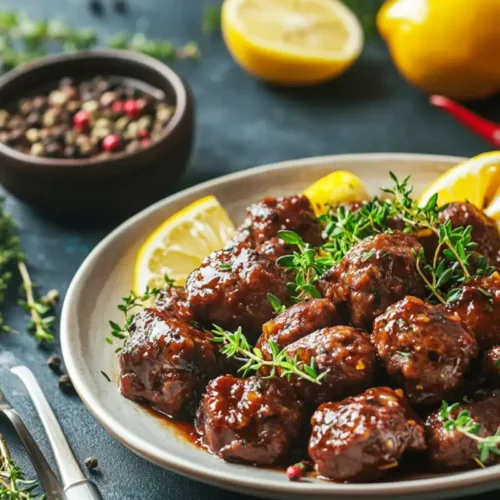 A plate of glazed BBQ meatballs crockpot garnished with fresh herbs and lemon wedges sits on a dark table, with a bowl of peppercorns and lemon halves in the background.