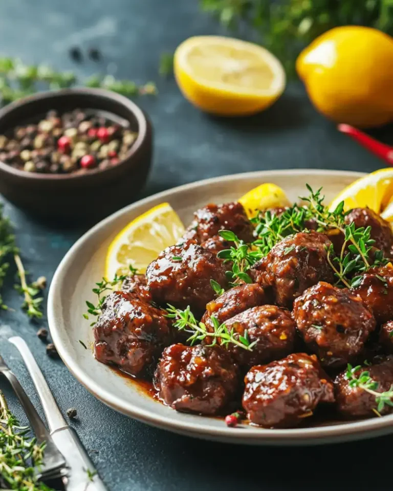 A plate of glazed BBQ meatballs crockpot garnished with fresh herbs and lemon wedges sits on a dark table, with a bowl of peppercorns and lemon halves in the background.