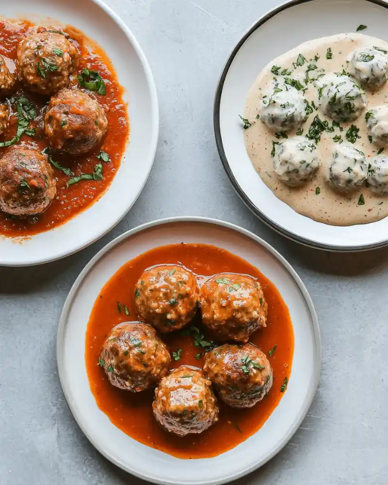 Frozen meatballs in crockpot with rich tomato sauce and herbs.