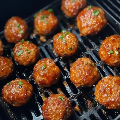 Frozen meatballs air fryer scene with meatballs cooking in an open air fryer basket.