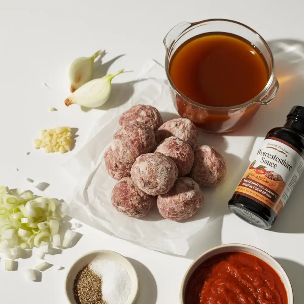 Flat lay of frozen meatballs Instant Pot ingredients on a white background, including frozen meatballs, beef broth, garlic, onion, Worcestershire sauce, marinara, salt, and pepper.