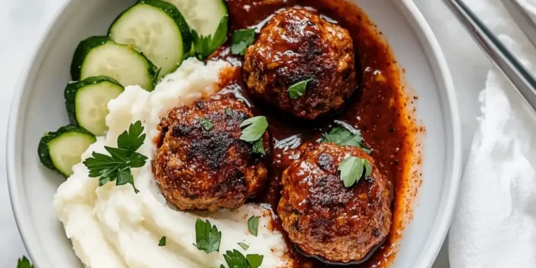 Frozen meatballs instant pot style with BBQ sauce, served with mashed potatoes and vegetables.