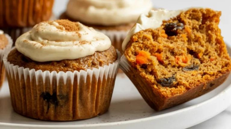 A moist gluten-free carrot muffins made with almond flour, topped with cream cheese frosting, sits on a white plate showing its fluffy texture and visible carrot pieces.