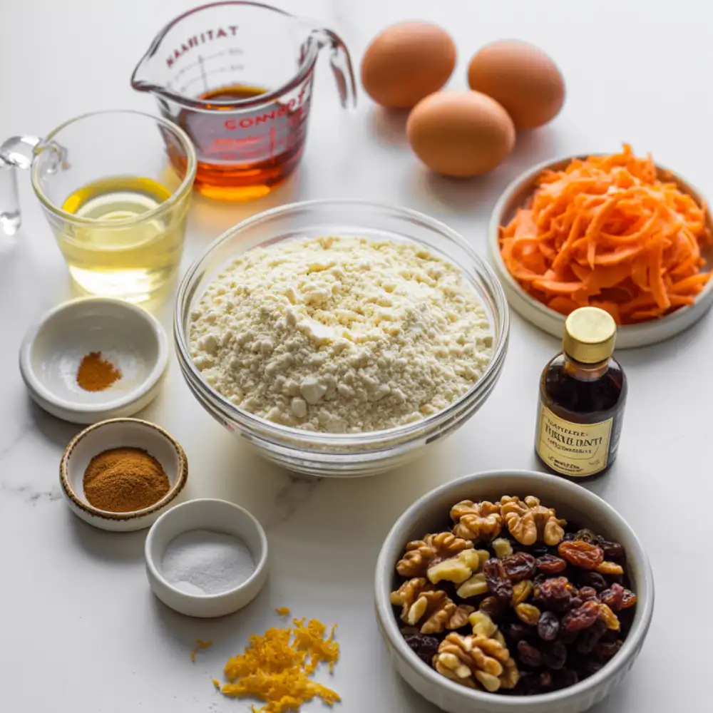 Ingredients for gluten-free carrot muffins including almond flour, eggs, maple syrup, grated carrots, and spices arranged on white marble countertop