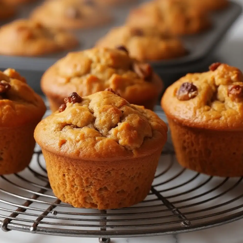 Freshly baked golden-brown gluten-free carrot muffins being transferred from muffin tin to wire cooling rack with toothpick test showing moist crumbs