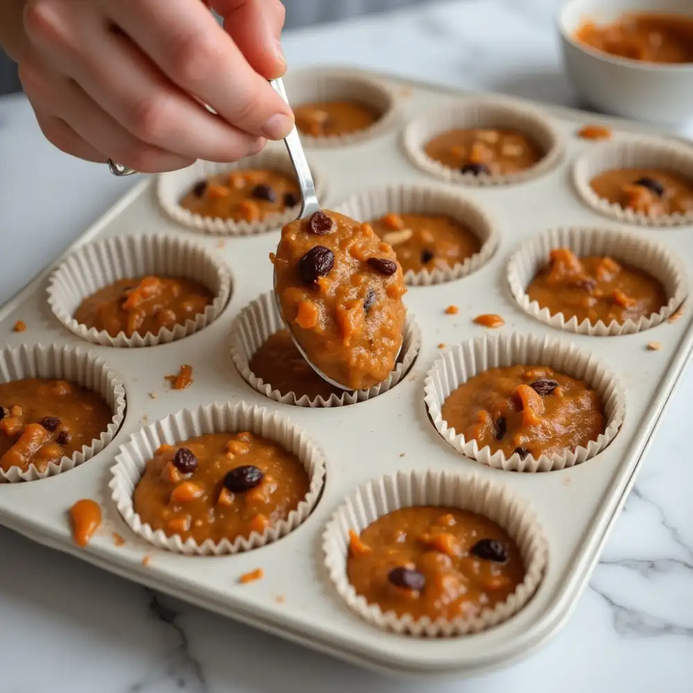 Hands filling muffin tin with thick gluten-free carrot muffin batter showing visible carrot flecks and nuts